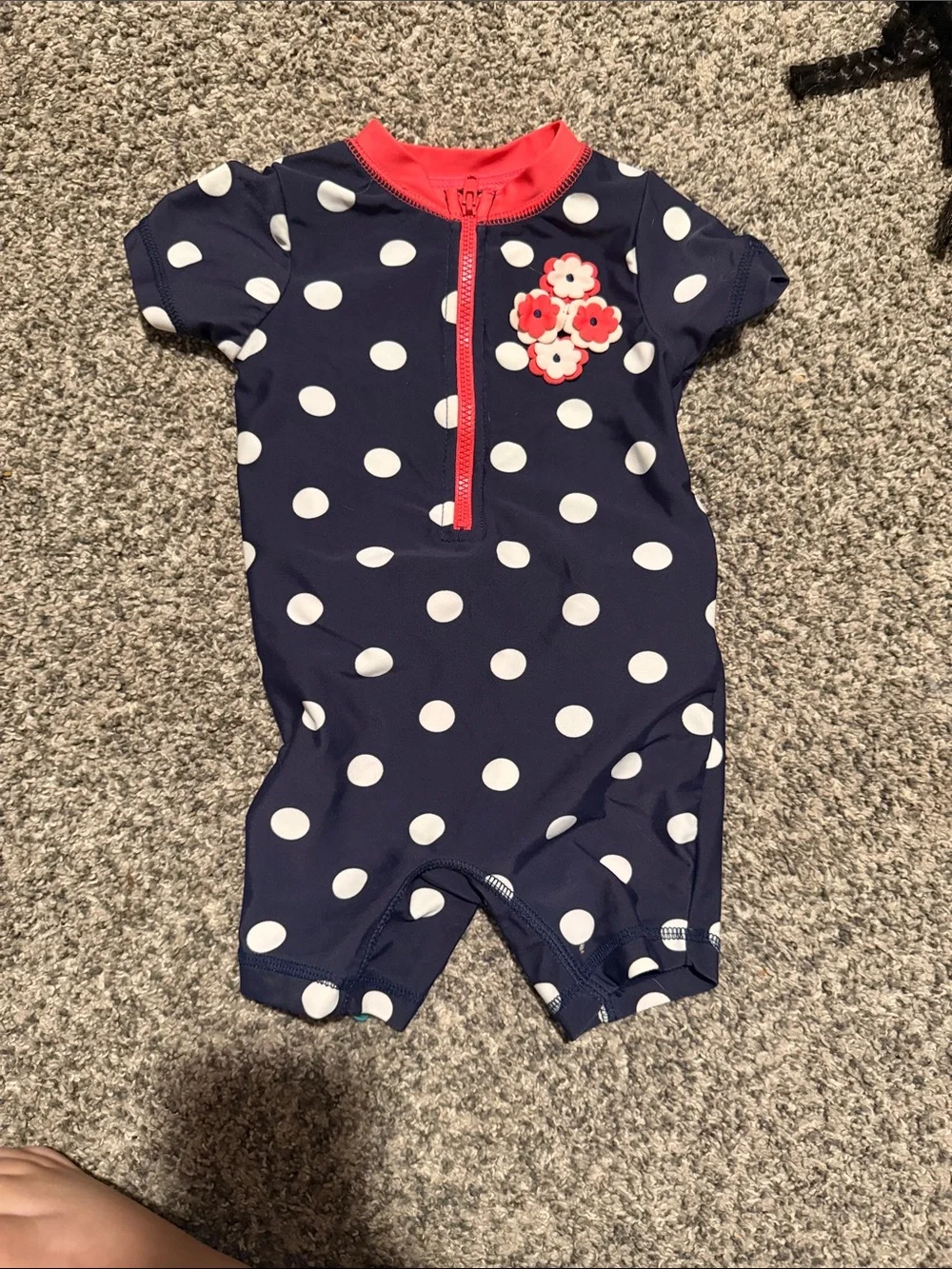 Carter's Navy Polka Dot One-Piece with Coral Trim and Floral Applique
